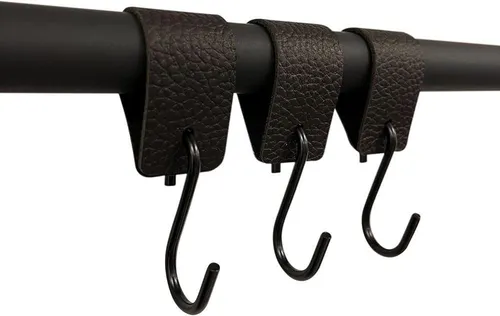 RSR Hangers Kleiderhaken mit Lederschlaufe - Schwarz - 9 Stück - S Haken – 12,5 cm x 3 cm - Garderobe -Kleiderstange - Leder – Lederband - Garderobenhaken – Fleischerhaken - Multifunktionshaken