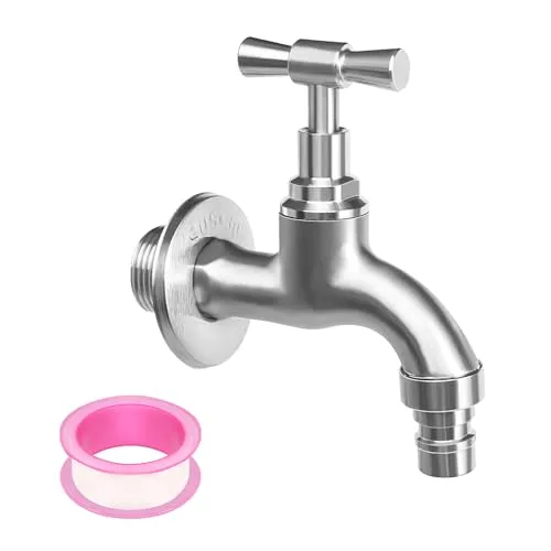 Wasserhahn Auslaufhahn 1/2'' Anschluss mit 3/4'' Adapter, Garten Wasserhahn Wandmontierter 304 Edelstahl Kaltwasserhahn Auslaufventil mit Wanddekoration Abdeckung