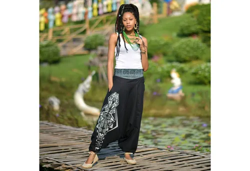 virblatt Haremshose Aladinhose Damen & Herren - Stoffhosen aus 100% atmungsaktiver Baumwolle, mit handgewebten asiatischen Hilltribe-Details und praktischer Tasche mit Reißverschluss – ideal für einen lässigen Sommerlook.