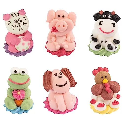 Günthart 24 Stück Farmtiere aus Zucker in sechs verschiedenen Motiven Katze, Schwein, Kuh, Frosch, Hund und Hahn als Tortendeko, 1er Pack (160 g)