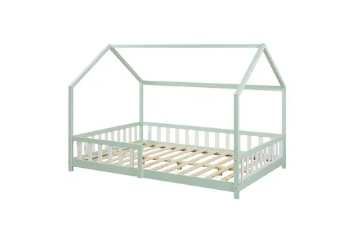 [en.casa] Kinderbett Hesel Hausbett Mintgrün 140 x 200 cm - Kleinkindbett mit charmantem Hausdesign, Rausfallschutz und stabiler Bauweise aus Kiefernholz für sicheren und gemütlichen Schlaf.