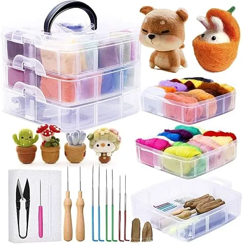 Jupean Nadelfilz-Set, Wollroving (5 g/Farbe), komplettes Nadelfilz-Starter-Set mit grundlegenden Filzwerkzeugen und Zubehör, Wollfasern, zum Spinnen, Basteln, Nassfilzmaterial für Anfänger