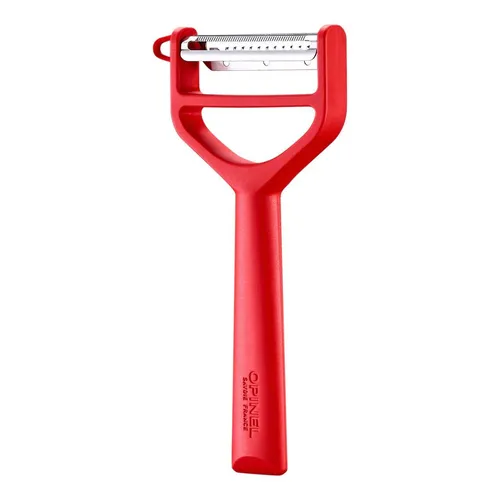 Opinel Sparschäler T-DUO rot, rostfreier Edelstahl, Griff aus rotem Polymer-Kunststoff