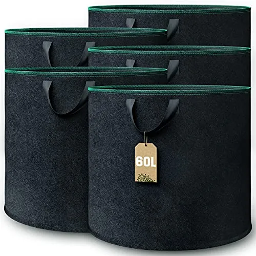 GardenGloss® Pflanzsack (5 Stück) - 60L Vliesstoff-Tasche für Gartenpflanzen - Pflanzenwachstumstaschen, wetterfest und atmungsaktiv für optimales Pflanzenwachstum ohne Schimmel - ideal für Balkon und Garten.
