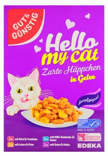 Edeka Gut & Günstig Hello My Cat Zarte Häppchen in Gelee, 8er Pack (8 x 1.2 kg)