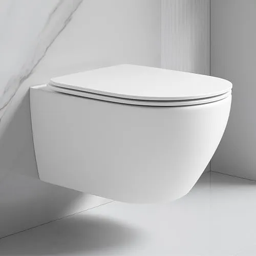ADOB verkürzte spülrandlose wandhängende WC Keramik Toilette - Einteilige Toilette, platzsparend mit einer Tiefe von 48,5 cm, inkl. Duroplast WC Sitz mit Absenkautomatik und Schallschutzmatte für ruhigen Komfort.