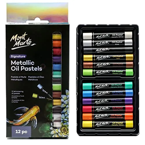 Mont Marte Ölpastellkreide Metallic Set – 12 Stück – Weiche Ölkreide – Intensive Farben, hohe Pigmentierung – Ideal für Malerei und Zeichnungen