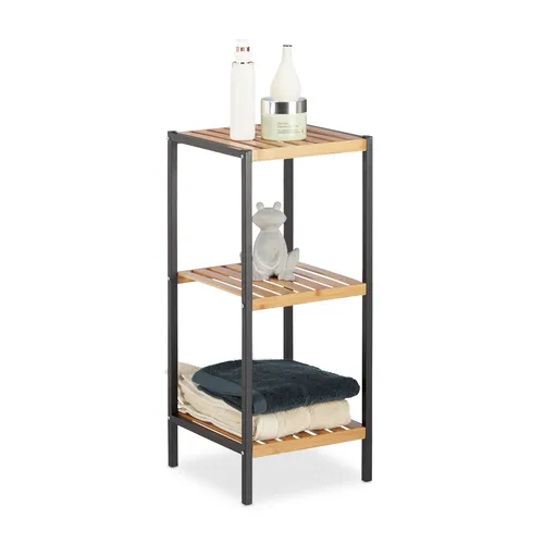 Relaxdays Bambus Regal mit Metall-Rahmen - Standregal mit 3 Ablagen, ideal als vielseitiger Organizer für Bad, Küche oder Büro. Umweltfreundliches Bambus und stabiler Stahlrahmen sorgen für Langlebigkeit und sicheren Stand.