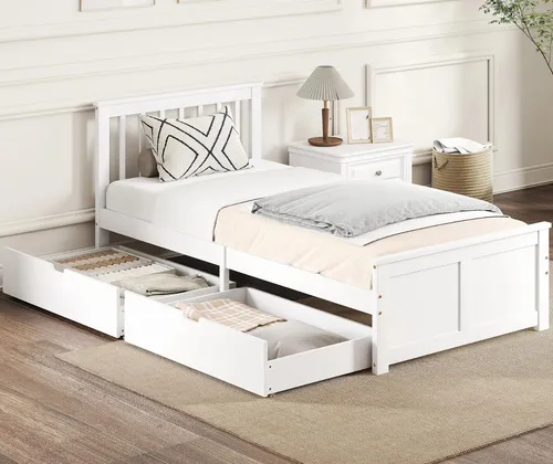 Einzelbettgestell, Bettrahmen aus Holz, Schubladen auf Rädern, kein Lattenrost notwendig, 90 x 200 cm