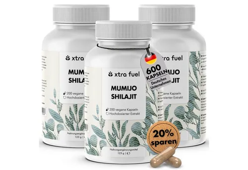 Shilajit Kapseln von XTRA FUEL - Nahrungsergänzungsmittel mit 600 Kapseln, liefert täglich 1.000mg Himalaya Extrakt in Apothekenqualität für mehr Vitalität und Energie.