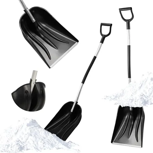 KADAX Schneeschaufel mit Aluminiumstiel, 38 x 147,5 cm Schneeschieber mit ergonomischem D-Griff, Schneekippe aus Kunststoff mit Aluminiumbeschlag (Schwarz)