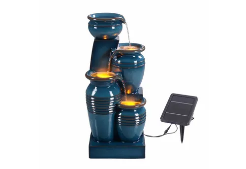 Teamson Home Solar-Gartenbrunnen, Blau, 4-stufige Kaskade - Gartenbrunnen aus Kunststoff in Steinoptik, solarbetrieben mit LED-Beleuchtung für ein einzigartiges Ambiente in Ihrem Garten oder auf der Terrasse.