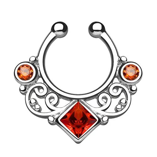 Piercingfaktor® Fake Piercing Universal Ring Septum Vintage Tribal mit Zirkonia Kristallen Nasen Lippen Helix Ohr Intim Tragus Nippel Hufeisen Horseshoe Silber Rot