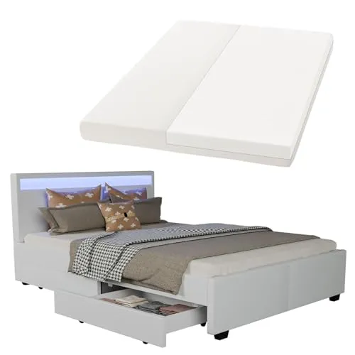 Juskys Polsterbett Lyon 140 x 200 cm - Betten: Polsterbett Lyon (140x200 cm, weiß) mit Kaltschaummatratze – der perfekte Alleskönner für kleine Schlafzimmer, bietet Stauraum und modernen Komfort.