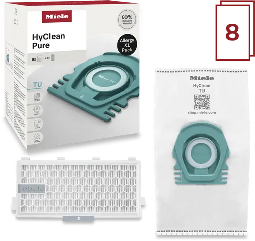 Miele Staubsaugerbeutel HyClean Pure TU XL-Pack (8 Stück) - Staubsaugerbeutel für Miele Guard S1 und L1, mit HyClose Technologie für mühelosen Beutelwechsel und HEPA Filter für 99,99% Staub- und Allergenkontrolle.