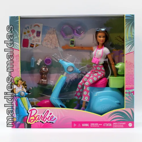 Barbie Fashionistas Puppe & Roller - Reise-Spielset - Puppensets mit Barbie Puppe, Haustierwelpen und Roller für kreative Abenteuer. Enthält stylisches Zubehör wie Karte, Kamera und Sticker für individuelles Spielvergnügen.