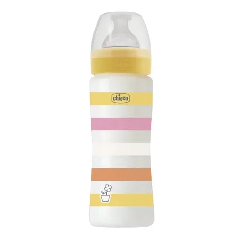 Chicco Babyflaschen Well-Being, schneller Fluss, weichem Silikon-Physio-Sauger und Soft Sense Finish, Anti-Antikolik, reduziert Aufstoßen und Reizbarkeit, 330 ml Plastikflasche, 4 Monate plus, Gelb