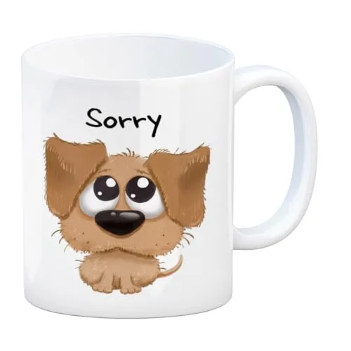 Hund Kaffeebecher mit Spruch Sorry eine bunte Tasse für die Arbeit Motiv Frauen süßer flauschig Kaffeetasse Kulleraugen Becher Design Hunde traurig niedlich