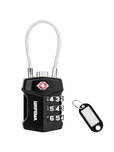 GRIFEMA TSA-geprüftes Reiseschloss mit 3-stelligem Code – Bruchfestes Stahlkabel, Kombinationsschloss aus Zinklegierung für Koffer, Rucksack, Sporttasche (1 Stück, Schwarz)