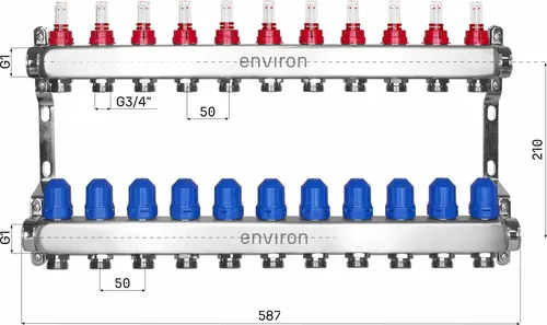 ENVIRON Edelstahl Heizkreisverteiler 2-12 Fach - Hochwertiger Heizkreisverteiler aus Edelstahl für präzise Heizungssteuerung, ausgestattet mit Durchflussmessern und Ventilen für flexibles Heizen. Ideal für moderne Fußbodenheizungssysteme.