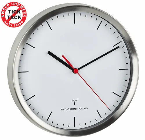 TFA 60.3530.02 Funkwanduhr mit Sweep Uhrwerk - Wanduhren aus Edelstahl mit geräuschlosem Sweep Uhrwerk, ideal für Wohnzimmer und Schlafzimmer, modern und elegant im Design.