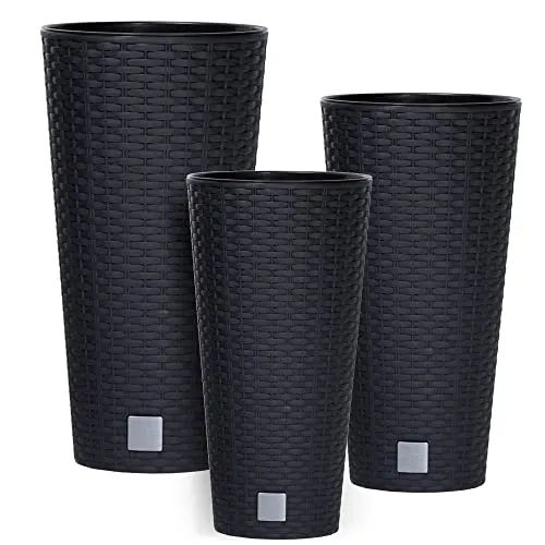 botle 3 stck Blumentopf Rattan Hohe Verschiedene Größen H 47+57+76 cm Anthrazit Einsatz Kunststoff mit Pflanzeinsatz Rund