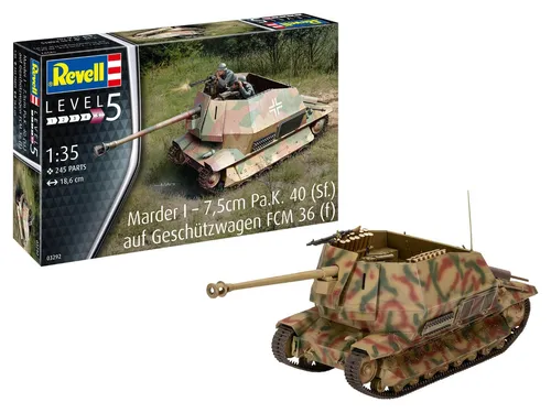 Revell 03292 Marder I on FCM 36 - 1:35 Scale Modellbausatz, historische Nachbildung mit hoher Detailgenauigkeit und flexibler Kette für authentische Darstellung
