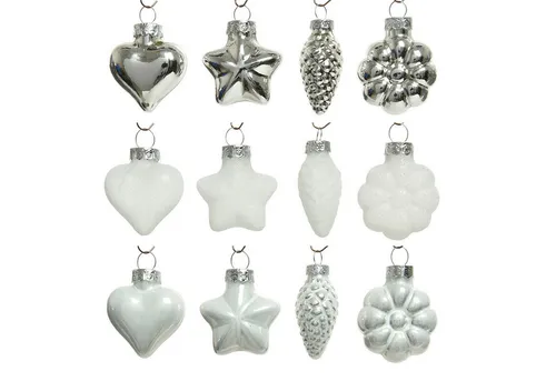 Kaemingk Christbaumschmuck, Weihnachtskugeln Glas Figuren Mix 4cm 12er Set - Winterweiß / Silber