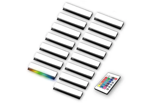 kalb | LED RGB Glaskantenbeleuchtung 15er Set für Vitrinen - Vielseitige RGB Glaskantenbeleuchtung zur stilvollen Akzentuierung Ihrer Möbel. Einfache Montage und Steuerung per Fernbedienung oder optional per App. Ideal für Glasbodenstärken von 5-8 mm.