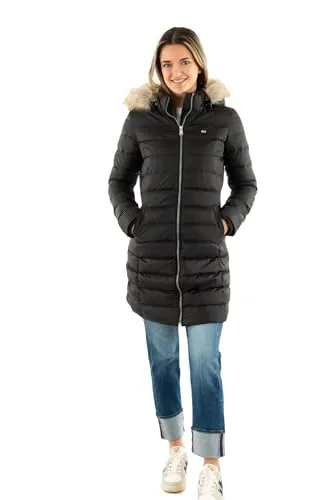 Tommy Jeans Damen Daunenmantel Essential Hooded Down Coat - Funktionsjacke mit abnehmbarer Kapuze und Kunstpelz, aus 100% recyceltem Polyester, ideal für kalte Wintertage und trendige Streetwear.
