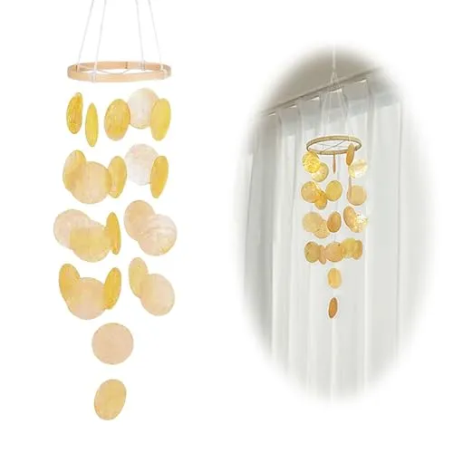 ZHITENG Muschel Windspiele, Windspiel Garten Hängend Länge 73 cm Windspiele für Draußen Hängend Herrlicher Klang Handgefertigt Wind Chimes Klangspiel, für Balkone Fensterbänke Gärten Flure (Gelb)