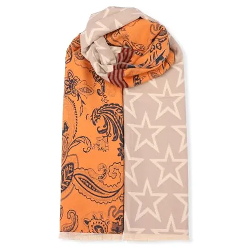 malito - Damen Schal 100% Viskose - Pashmina Stil Herz Leo Sterne Ornamente - zeitloser Winterschal modern & atmungaktiv - basic Überwurf Stola S606 - (Stern-creme-orange)