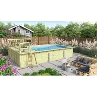 Karibu Pool Gr. 3 mit Terrasse und Seitenterrasse - Hochwertiger rechteckiger Swimmingpool mit robustem KDI Holz, inklusive Filterpaket und einfacher DIY-Montage für erfrischenden Badespaß im eigenen Garten.