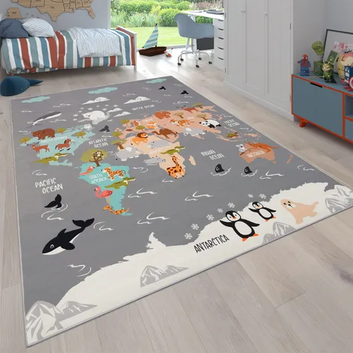 Paco Home Kinderteppich Grau 140x200 cm - Teppich für Kinderzimmer, strapazierfähig und schadstofffrei, ideal zum Spielen und Lernen mit einer großen Weltkarte.