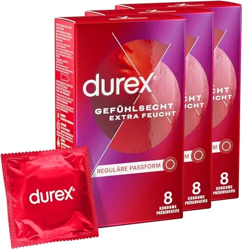 Durex Gefühlsecht Extra Feucht Kondome – 24er Pack mit anatomischer Easy-On-Form - Kondome für Männer, dünn und extra feucht mit viel Silikongleitgel für ein intensives Gefühl und hervorragende Gleitfähigkeit.