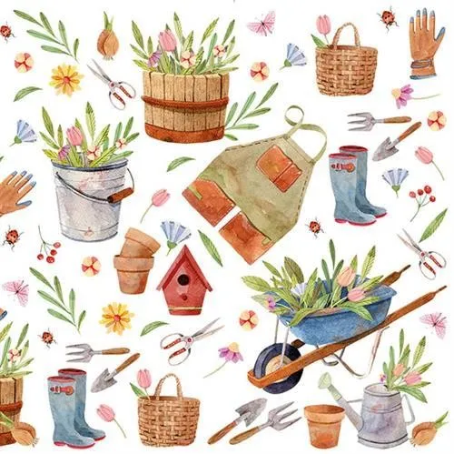Servietten Happy Gardening Schubkarre Pflanzeimer Gartenarbeit Sommer 33x33cm 20