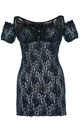 Andalea Schwarzes Spitzen Chemise transparent mit Schnürung Damen Negligee XXL Plus Size 46/48