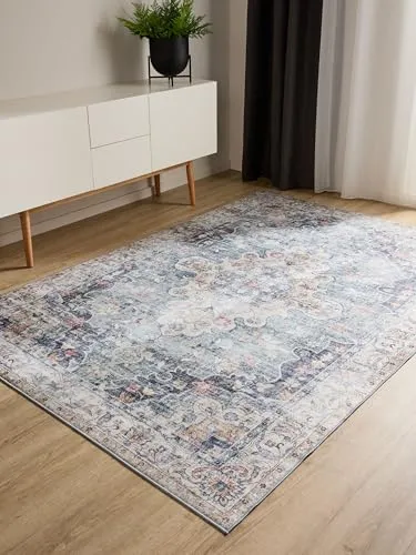 benuta Basic Waschbarer Teppich George - Blau 80x150 cm - Kunstfaser - Rechteckig & im Style: Vintage, Elegant, Retro - Pflegeleicht für Wohnzimmer Schlafzimmer