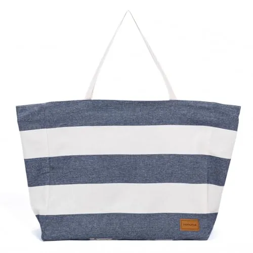 MOMOMUS Große Strandtasche XXL für die Familie - 100% recycelte Baumwolle, Wendbar und Faltbar - Badetasche für Damen oder Schwimmtasche - 50x40 cm, Blau-Beige