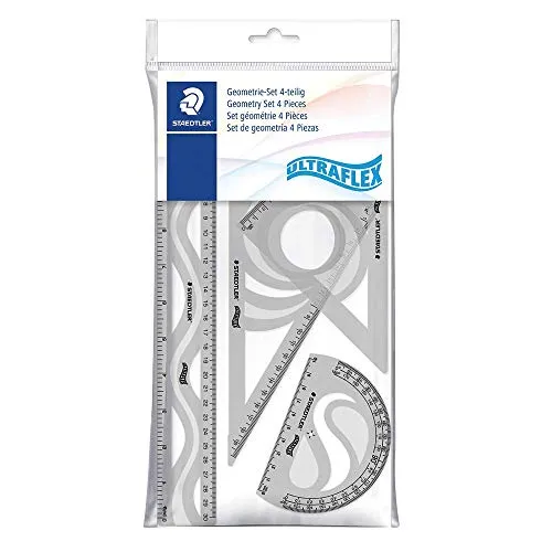 STAEDTLER Geometrie-Set, Ultraflexibel, 4-teilig, mit Lineal, Winkelmesser und Zeichendreiecken, 569PB4UF-S
