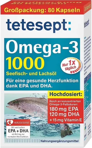 tetesept Omega-3 1000 Kapseln - Fischölpräparate mit hochdosierten Omega-3 Fettsäuren DHA, EPA und Vitamin E zur Unterstützung des Herz-Kreislauf-Systems - nur eine Kapsel täglich für Ihre Herzgesundheit.