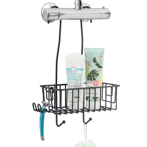bremermann Duschregal zum Einhängen an Armatur mit 1 hohen Korb, Schwarz - Ablagen – Rostbeständiges Duschregal mit extra hohem Korb für optimale Pflegeproduktorganisation, werkzeuglose Montage und zusätzlicher Haken für mehr Ordnung in der Dusche.