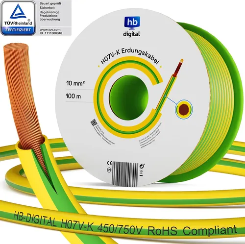 hb-digital 100m PVC Aderleitung H07V-K Erdungskabel 10mm2 - Solarkabel für PV-Anlagen, flexibel und ideal für Erdungsverbindungen, mit hoher Temperaturbeständigkeit von -30°C bis +80°C.