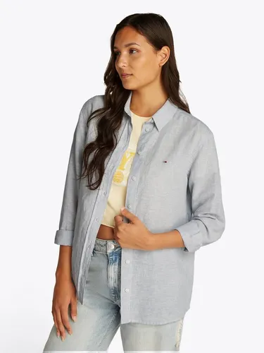 Tommy Jeans Hemdbluse TJW RLX LINEN SHIRT - Blusen mit Logostickerei, aus 75% Baumwolle und 25% Leinen, ideal für einen lässigen Look in Colorado Blue