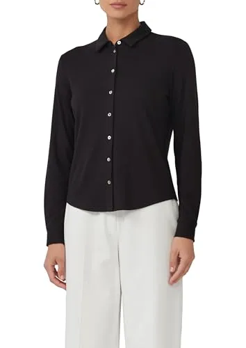 s.Oliver BLACK LABEL Hemdbluse für Damen, Gr. 42, schwarz - Casual Hemdbluse aus weichem Jersey mit taillenbedeckendem Schnitt und eleganten Perlmuttknöpfen. Ideal für vielseitige Kombinationsmöglichkeiten im Alltag.