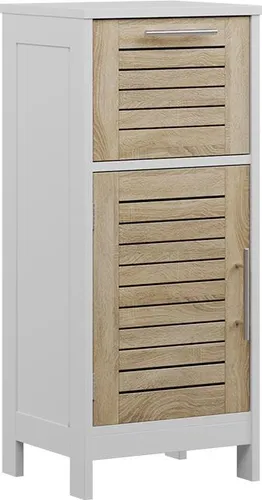 Vicco Midischrank Looma, Weiß/Eiche, 35 x 80 cm mit Schublade - Stylischer Midischrank Looma für das Badezimmer, mit cleverem Lamellen-Design für optimale Luftzirkulation und robuster Schublade für viel Stauraum auf kleinem Raum. Perfekt organisiert und modern!