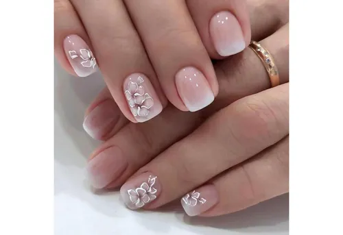 LuxusKollektion Kunstfingernägel 24er Set Acrylnägel Weiß mit Blumenmuster und Pink Gradient, Kurze
