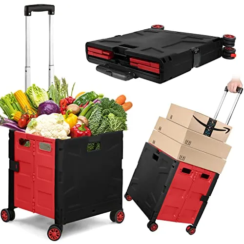 Einkaufswagen für Haushalt und Küche, praktisch, tragbar, langlebig, Einkaufstaschen, Körbe und Trolley, Verstellbarer Teleskopgriff mit verstecktem Deckel, mit 4 Schwenkrädern (Black/red)