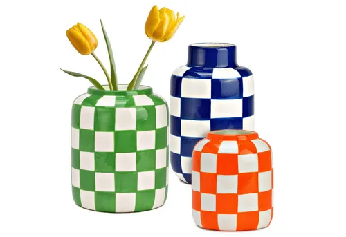 matches21 HOME & HOBBY Dekovase Blumenvasen 3er Set kariert, orange, grün, blau (3 St), Moderne Keramik Vasen als Wohnzimmerdeko