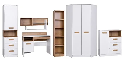 Marmex Kinderzimmer Komplettes Set Grant 8, im Set: Schreibtisch G2, Geschlossener Büchregal G6, Schmales bücherregal G7, Wandregal G3,Eckgarderobe G8, Kommode mit Schubladen G4 - Weiß + Riviera Eiche